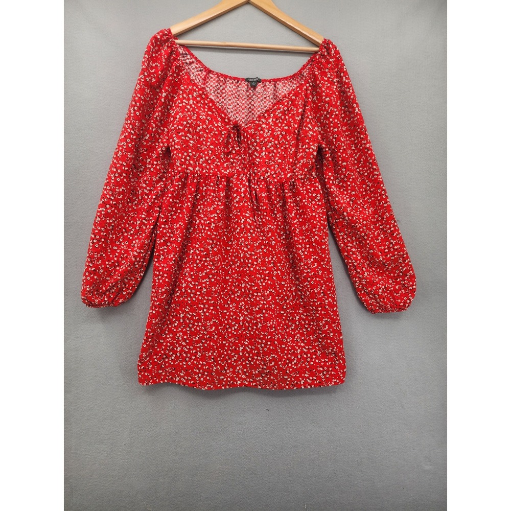 Wild Fable Red Floral Mini Dress Long Sleeve Cottagecore Boho Peasant Size M